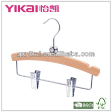 flat wooden children suit hanger with metal clips and U notches